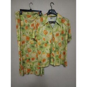 VTG 70s 80s Yellow Floral Print Button Blouse Shirt Skirt Set Arc En Ciel 2x 3x